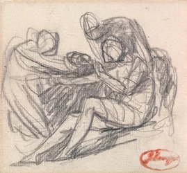 Dos figuras ayudando a una figura sentada